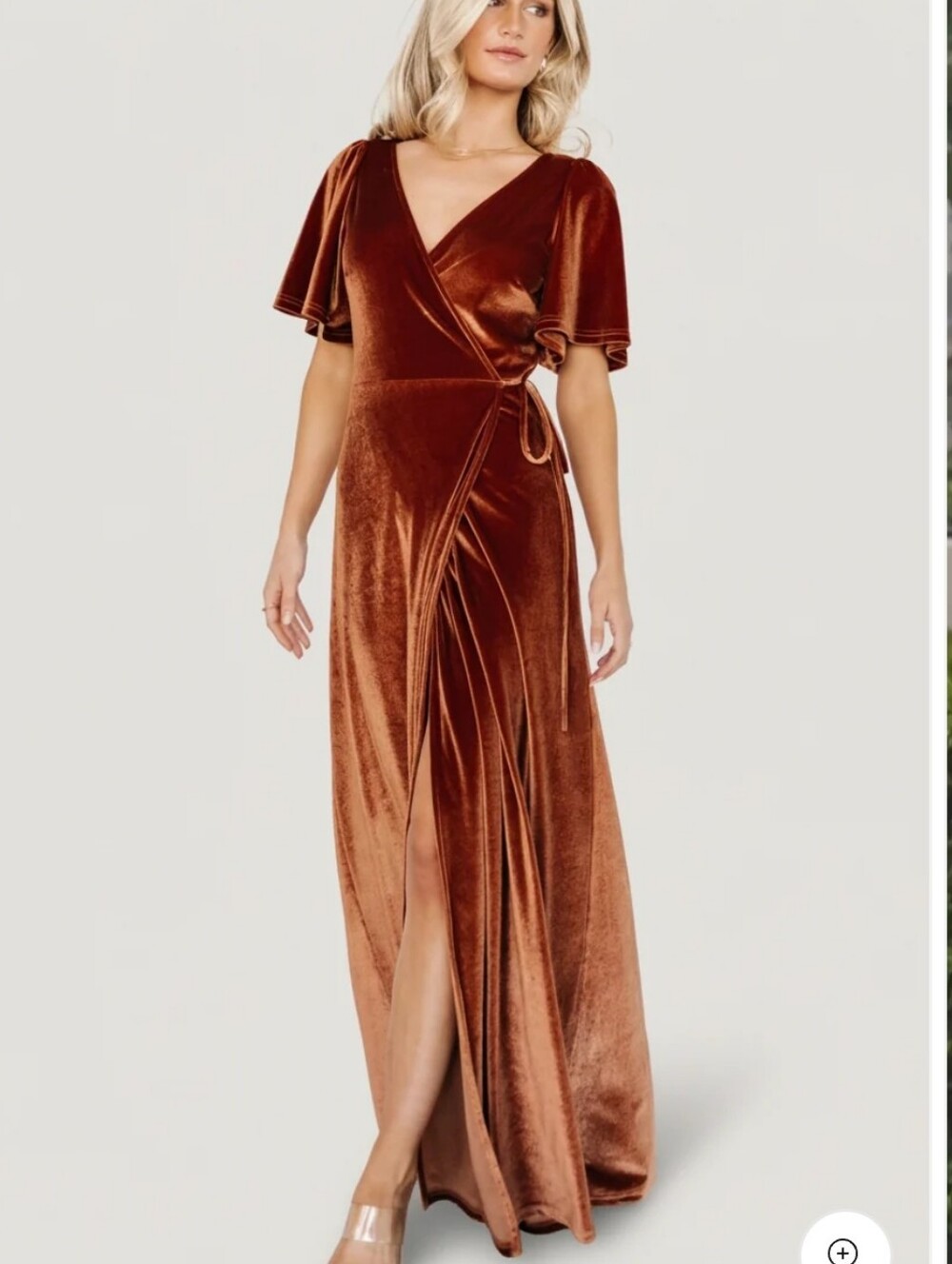 Baltic Born Meghan Velvet Wrap Maxi Dress Rust Brown Flutter Sleeve